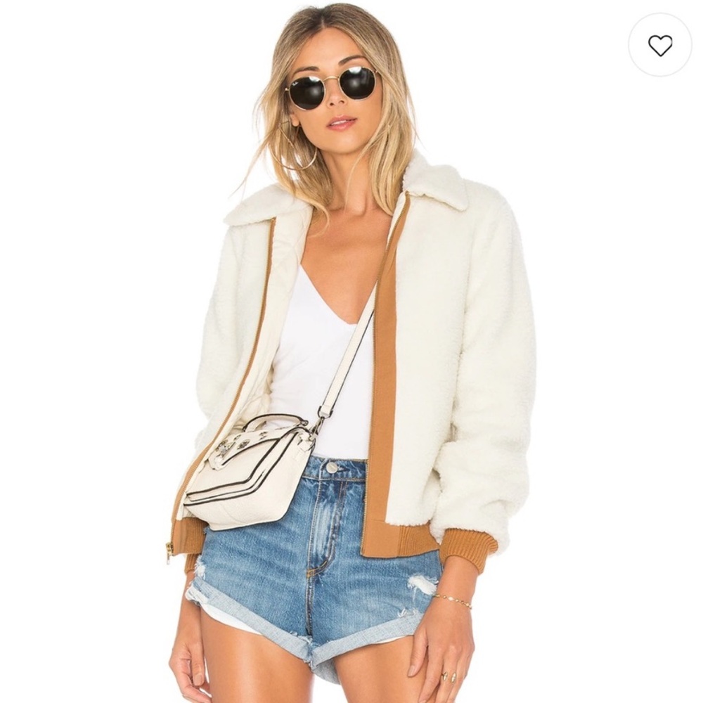 Lovers + Friends Simone Cream Sherpa Bomber Jacket with Tan Trim XXS